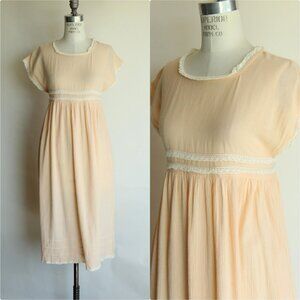 Vintage 1970s Dress with Pockets, Peach Orange with Empire Waist, Crochet Lace